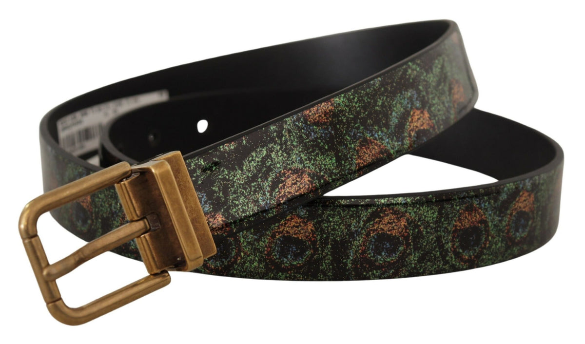 Multicolor leather and bronze metal belt by Dolce & Gabbana featuring Vernice Pavone finish and intricate detailing.