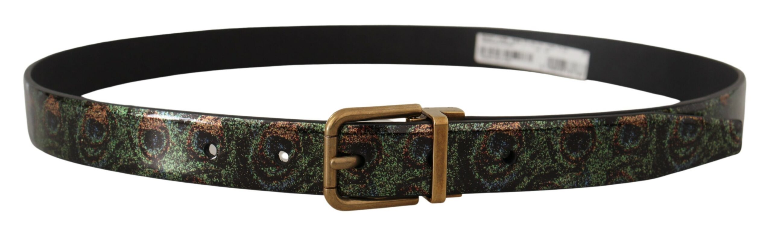 Multicolor leather Vernice Pavone bronze metal belt by Dolce & Gabbana, featuring vibrant leather and metallic buckle details.