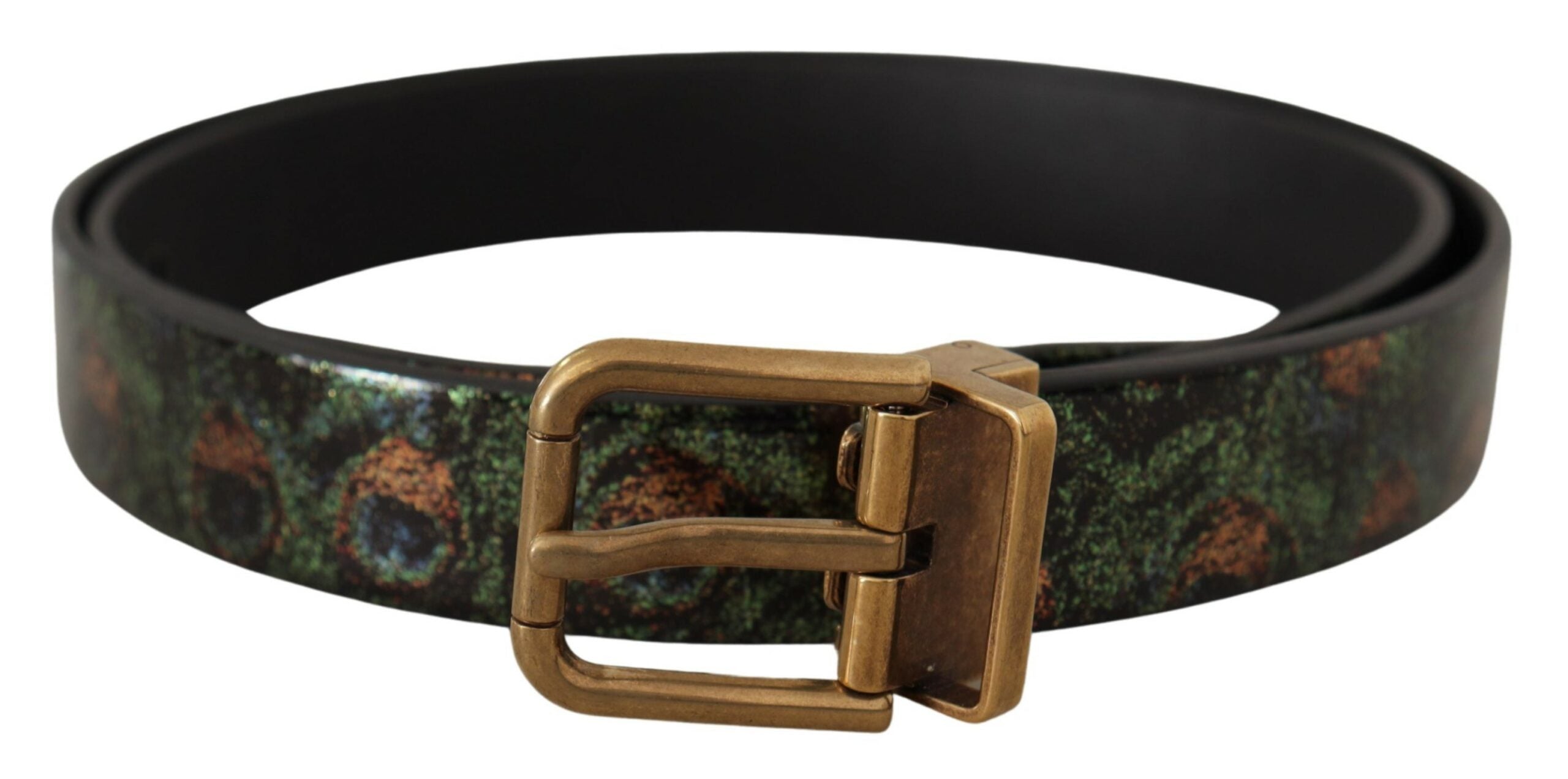 Multicolor leather Vernice Pavone bronze metal belt by Dolce & Gabbana with intricate design and polished metal buckle.