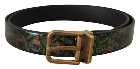 Multicolor leather Vernice Pavone bronze metal belt by Dolce & Gabbana with intricate design and polished metal buckle.