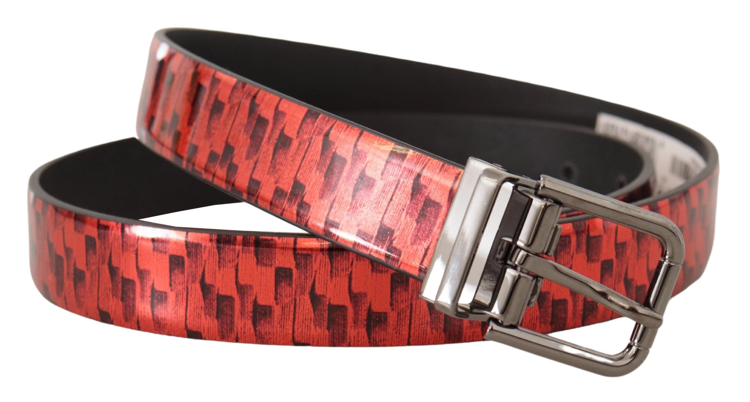 Gray tone leather belt with red herringbone pattern and buckle, by Dolce & Gabbana, displayed on a plain background.