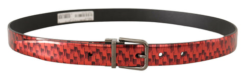 Dolce & Gabbana red herringbone leather belt with gray tone buckle, featuring a stylish and sophisticated design.