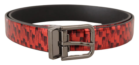 Gray tone leather belt with red herringbone pattern and buckle from Dolce & Gabbana.