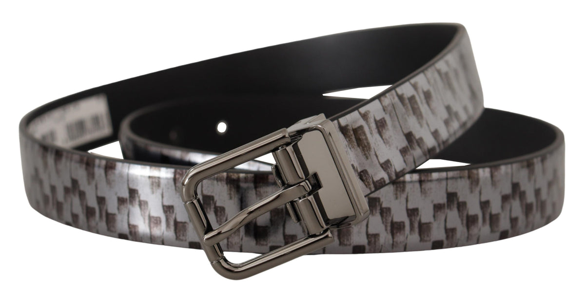 Gray herringbone leather belt with a 3D metal buckle from Dolce & Gabbana, featuring a textured pattern and polished hardware.