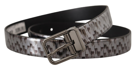 Gray herringbone leather belt with a 3D metal buckle from Dolce & Gabbana, featuring a textured pattern and polished hardware.