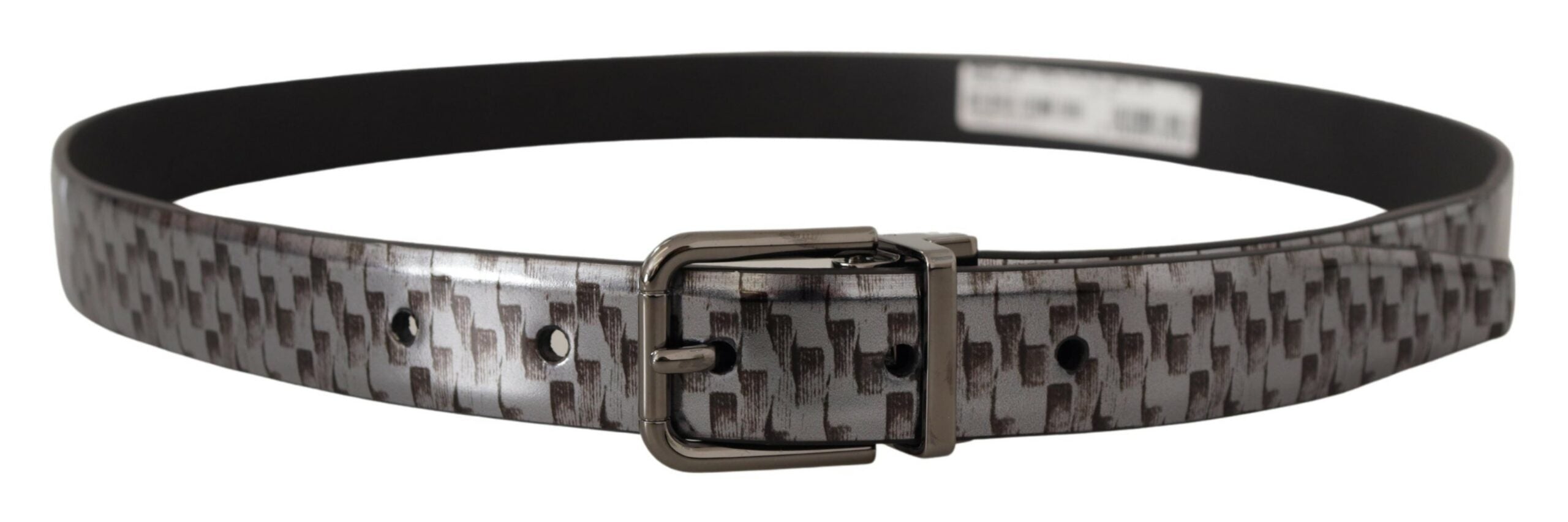 Gray herringbone leather belt with 3D metal buckle from Dolce & Gabbana, showcasing the textured strap and stylish hardware.