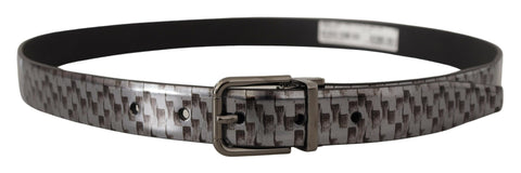 Gray herringbone leather belt with 3D metal buckle from Dolce & Gabbana, showcasing the textured strap and stylish hardware.