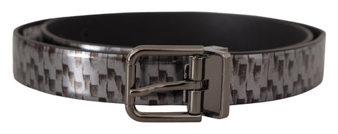 Gray herringbone leather belt with 3D metal buckle from Dolce & Gabbana, featuring a textured pattern and sleek design.