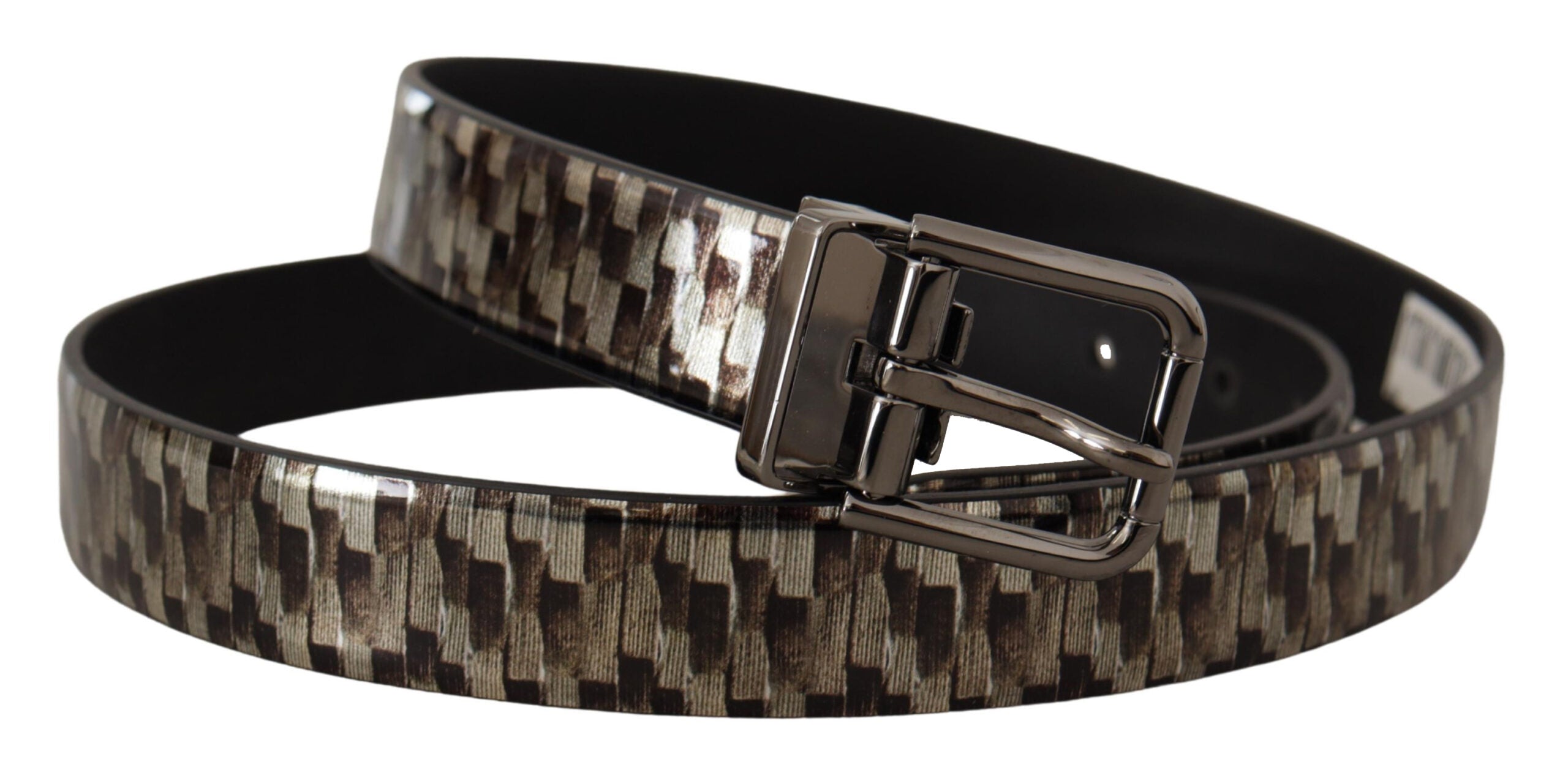 Brown herringbone leather belt by Dolce & Gabbana with gray accents, featuring a classic buckle and textured pattern.