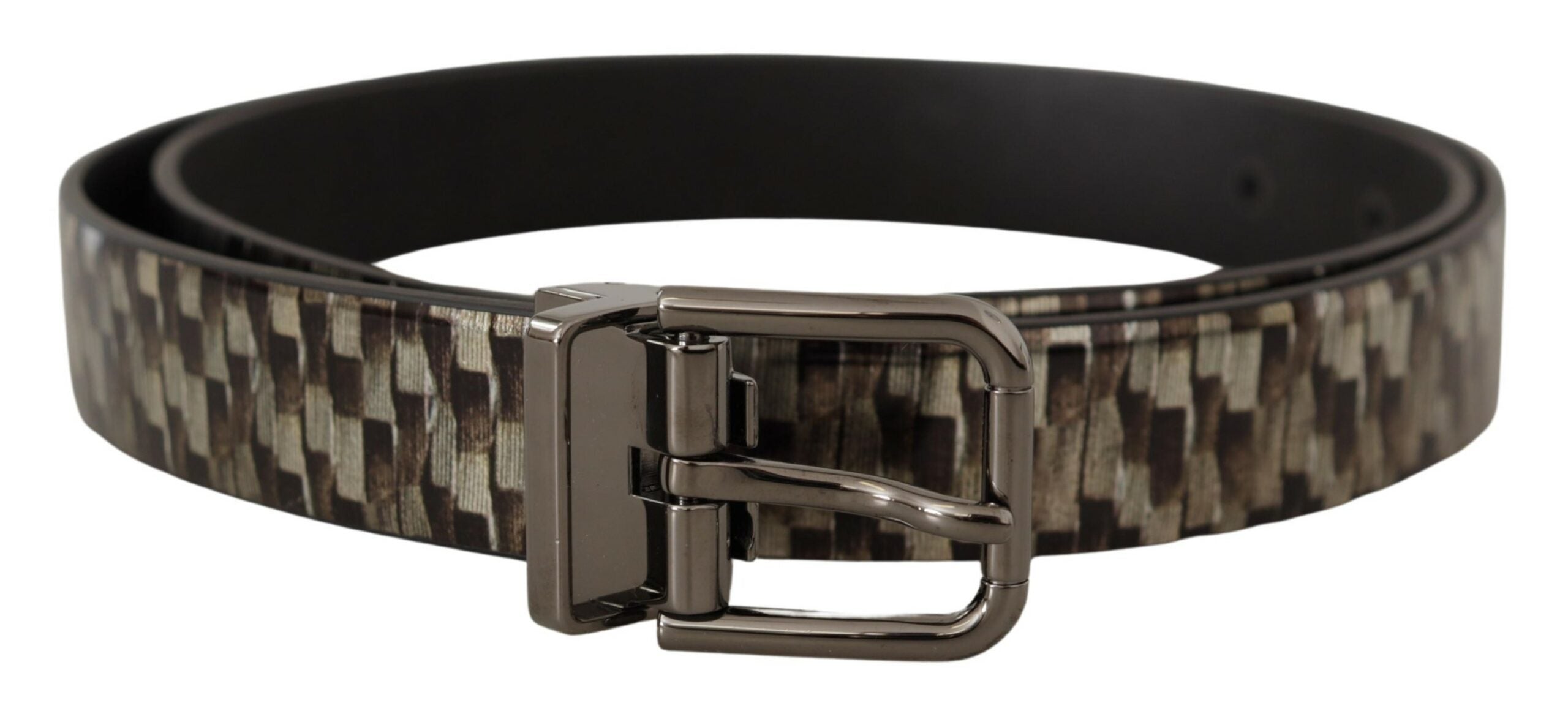 Brown herringbone leather belt by Dolce & Gabbana with gray accents and a sleek buckle, displayed on a neutral background.