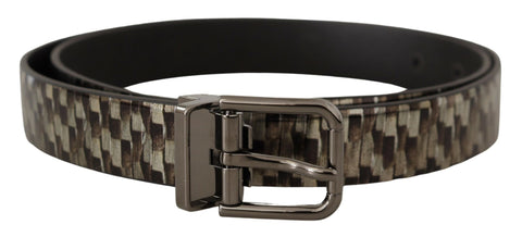 Brown herringbone leather belt by Dolce & Gabbana with gray accents and a sleek buckle, displayed on a neutral background.