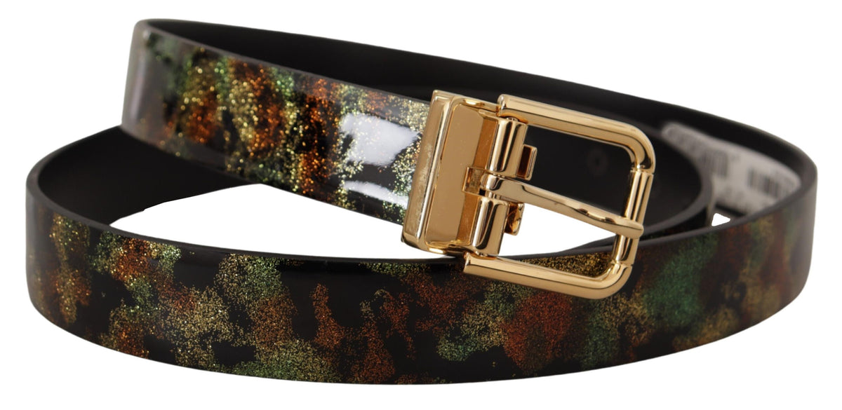 Black and green leather belt with bronze metal buckle by Dolce & Gabbana, featuring stylish and durable design.