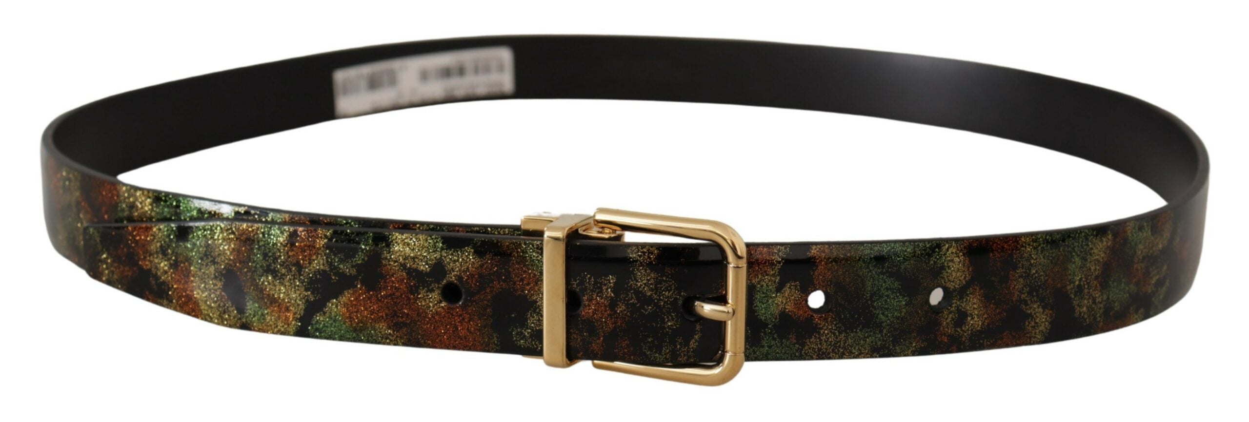 Black and green leather belt with bronze metal buckle, stylish accessory from Dolce & Gabbana.
