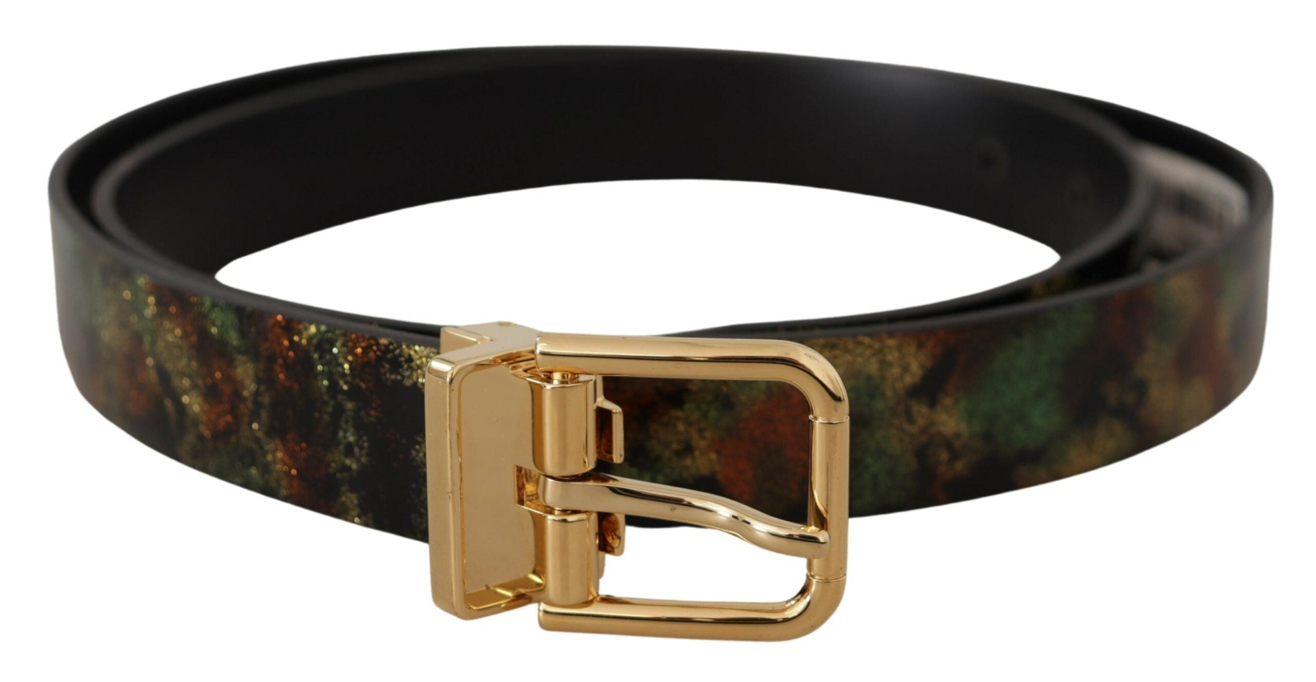 Black and green leather belt with bronze metal buckle by Dolce & Gabbana, featuring a stylish and adjustable design.
