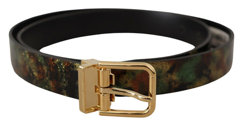 Black and green leather belt with bronze metal buckle by Dolce & Gabbana, featuring a stylish and adjustable design.