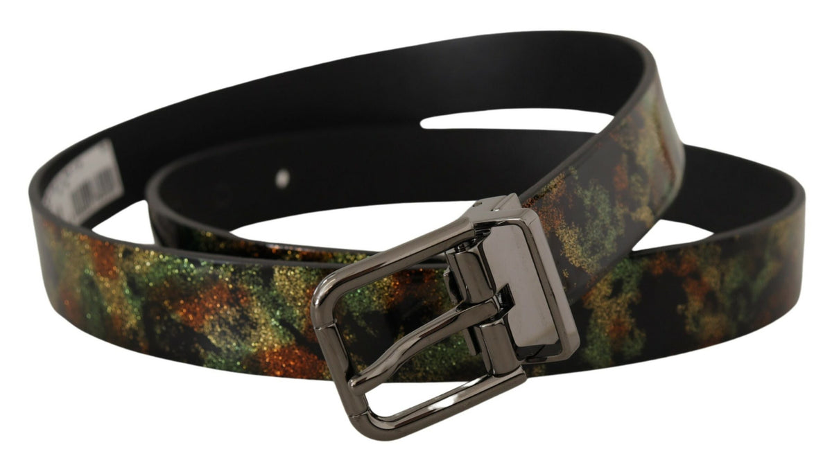 Black sparkling leather belt with a metal buckle from Dolce & Gabbana, featuring a glossy finish and intricate design details.