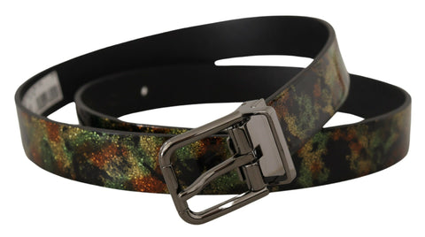 Black sparkling leather belt with a metal buckle from Dolce & Gabbana, featuring a glossy finish and intricate design details.
