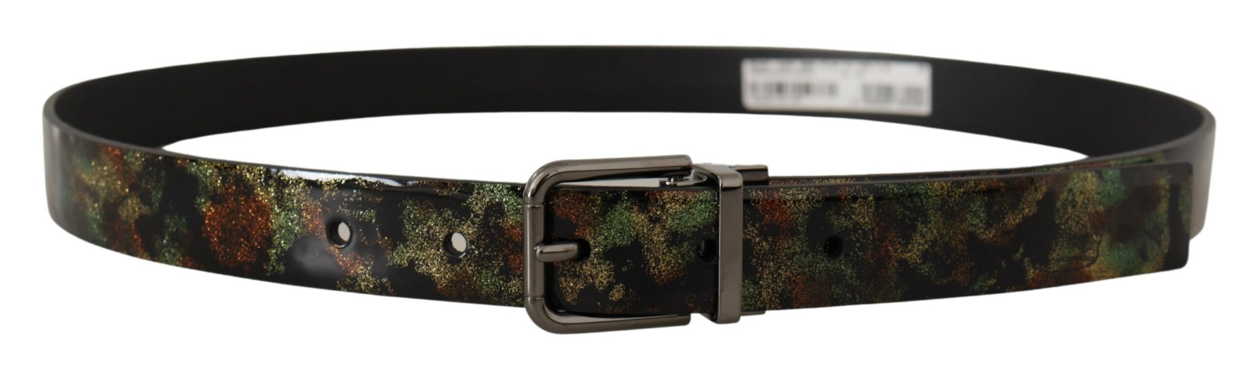 Black sparkling leather belt with a metal buckle from Dolce & Gabbana, featuring a sleek design and shiny finish.