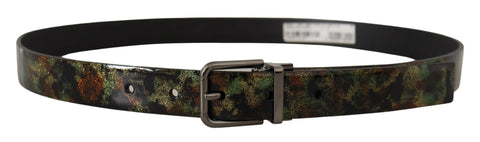Black sparkling leather belt with a metal buckle from Dolce & Gabbana, featuring a sleek design and shiny finish.