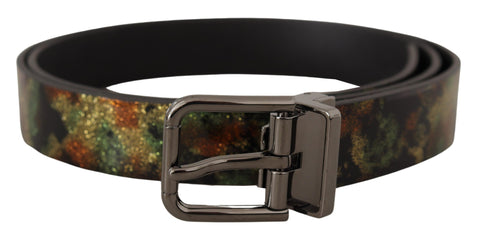 Black sparkling leather belt with a metal buckle from Dolce & Gabbana, showcasing a sleek and stylish accessory.