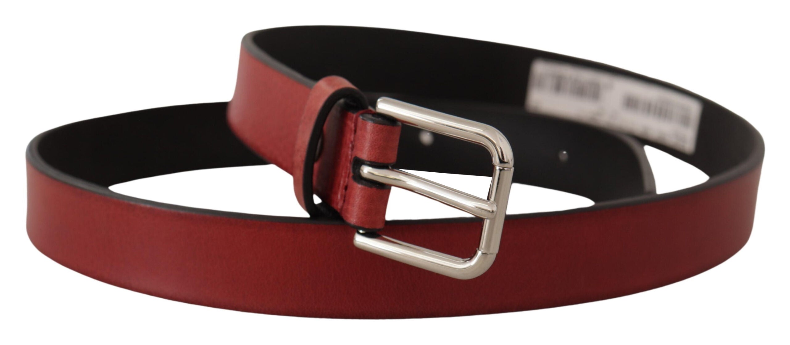 Maroon Vitello leather Dolce & Gabbana belt with silver metal buckle, showcasing a stylish and luxurious accessory.