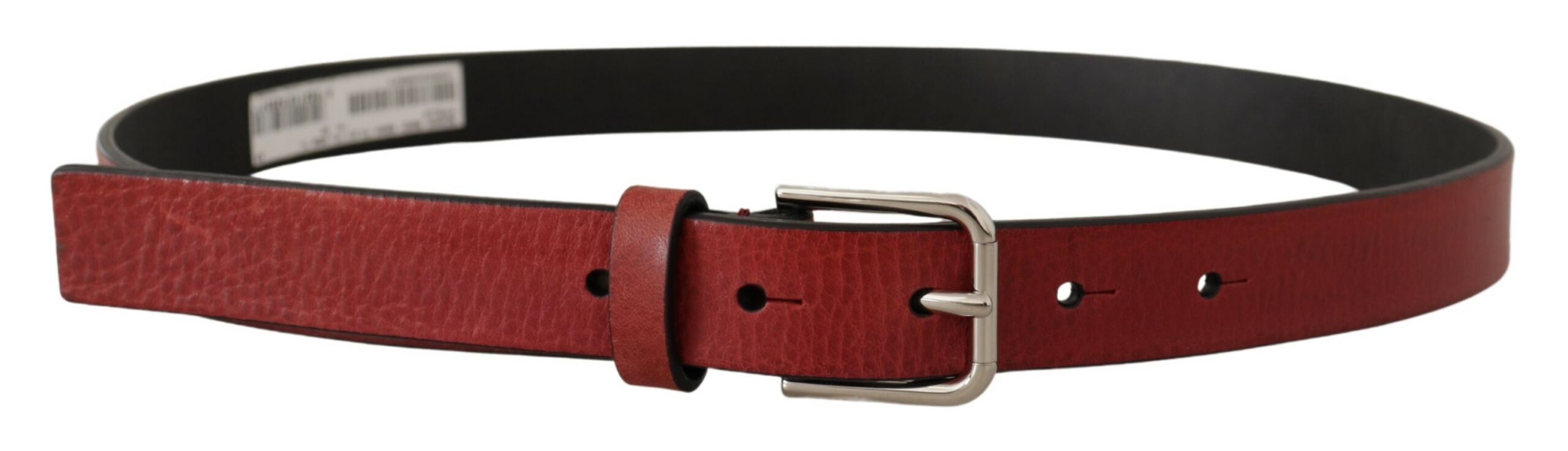 Maroon Vitello leather Dolce & Gabbana belt with silver metal buckle, showcasing detailed craftsmanship and sleek design.