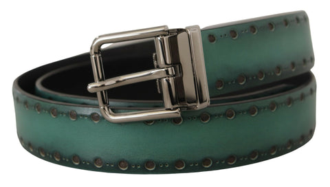 Green Giotto leather belt by Dolce & Gabbana with silver metal buckle, showcasing smooth leather and stylish design.