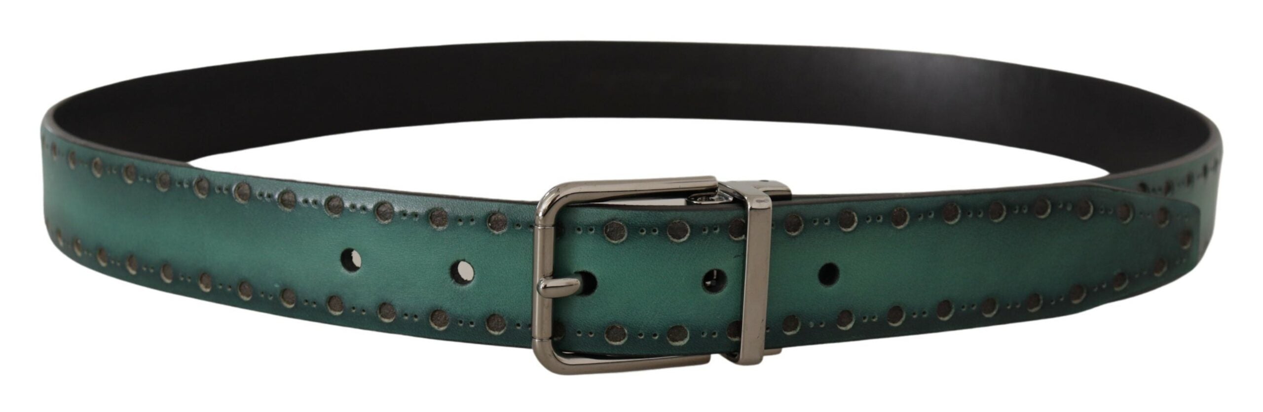 Green Giotto leather belt by Dolce & Gabbana with silver metal buckle, showcasing a stylish and high-quality accessory.