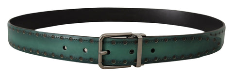 Green Giotto leather belt by Dolce & Gabbana with silver metal buckle, showcasing a stylish and high-quality accessory.