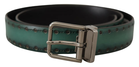 Green Giotto leather belt by Dolce & Gabbana with a silver metal buckle, featuring a sleek design and high-quality craftsmanship.
