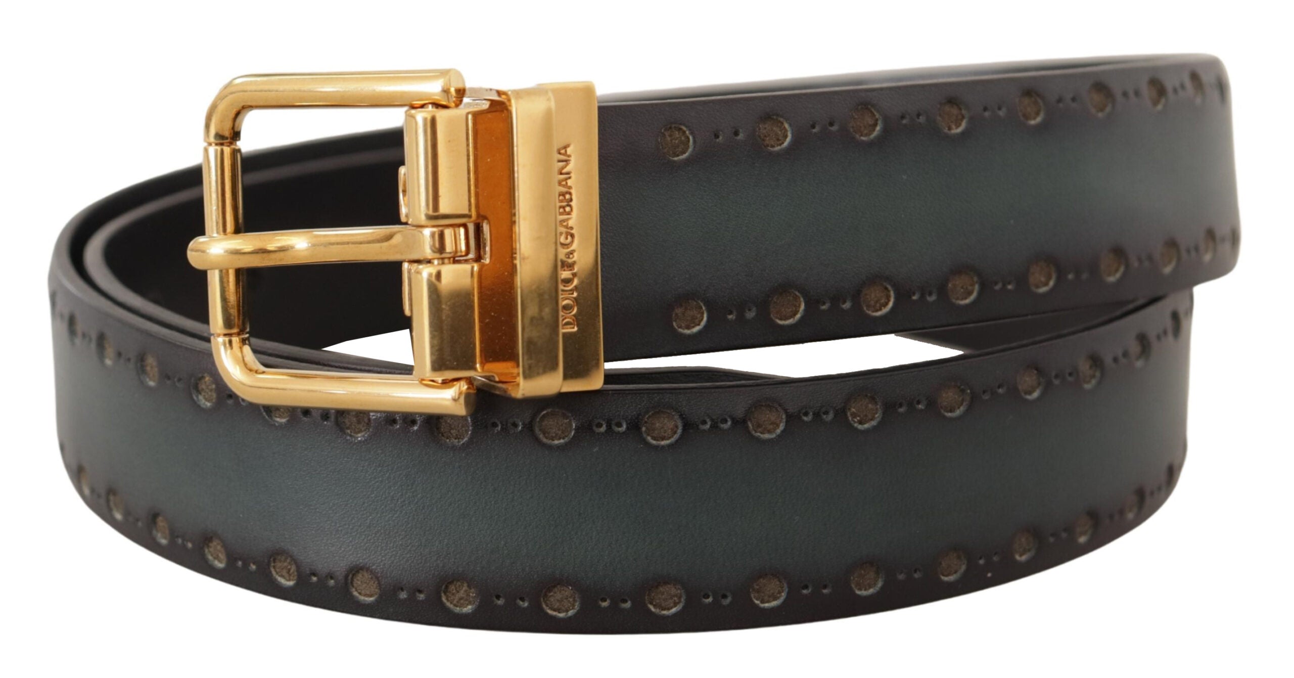 Green perforated leather belt with brass metal buckle from Dolce & Gabbana, showcasing detailed craftsmanship and stylish design.