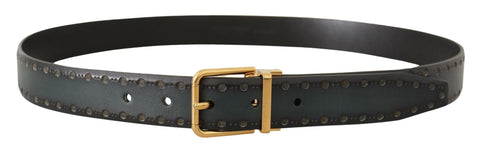 Green perforated leather belt with brass metal buckle from Dolce & Gabbana, showcasing detailed perforation and stylish design.