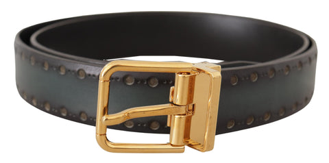 Green perforated leather belt with brass metal buckle from Dolce & Gabbana, featuring a stylish and modern design.