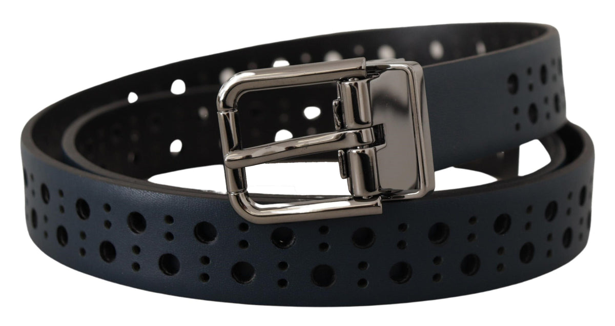 Navy blue perforated leather skinny belt with metal buckle from Dolce & Gabbana, showcasing its textured design and sleek style.
