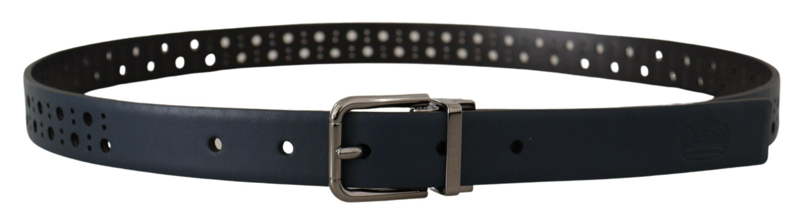 Navy blue perforated leather skinny belt with metal buckle from Dolce & Gabbana, stylish accessory for modern outfits.