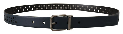 Navy blue perforated leather skinny belt with metal buckle from Dolce & Gabbana, stylish accessory for modern outfits.