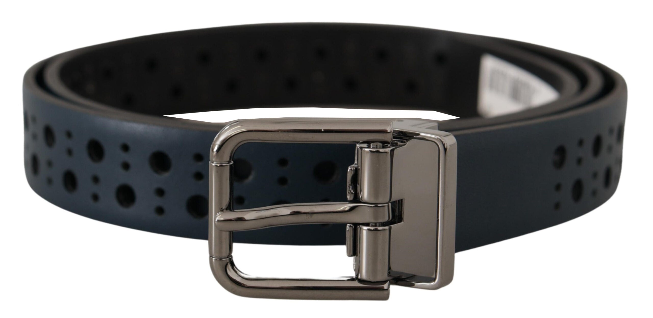 Navy blue perforated leather skinny belt with metal buckle by Dolce & Gabbana, featuring a sleek and stylish design.