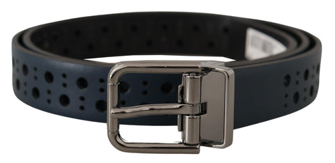 Navy blue perforated leather skinny belt with metal buckle by Dolce & Gabbana, featuring a sleek and stylish design.