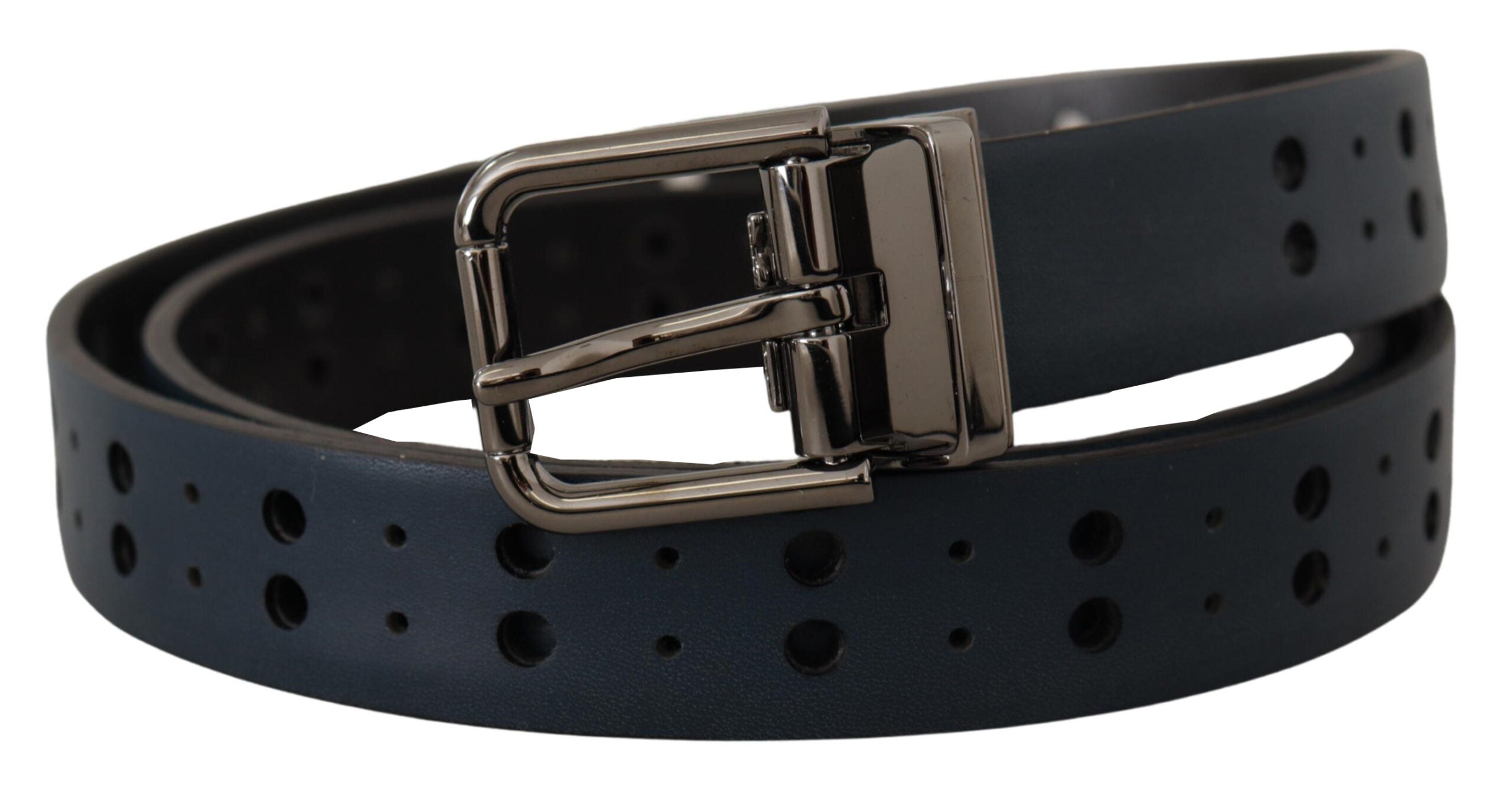 Blue perforated leather skinny belt with a metal buckle from Dolce & Gabbana, featuring a sleek and stylish design.