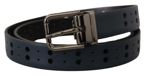 Blue perforated leather skinny belt with a metal buckle from Dolce & Gabbana, featuring a sleek and stylish design.