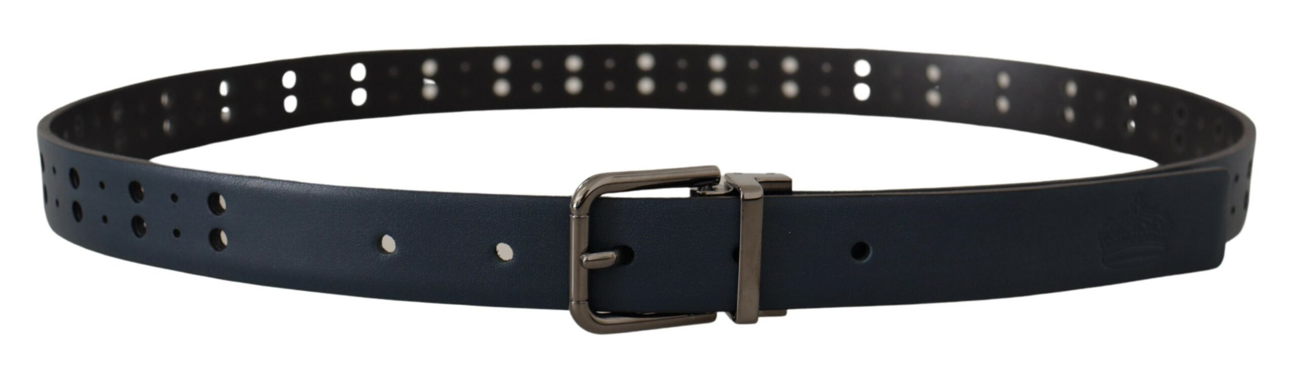 Blue perforated leather skinny belt with a metal buckle from Dolce & Gabbana, featuring a stylish and modern design.