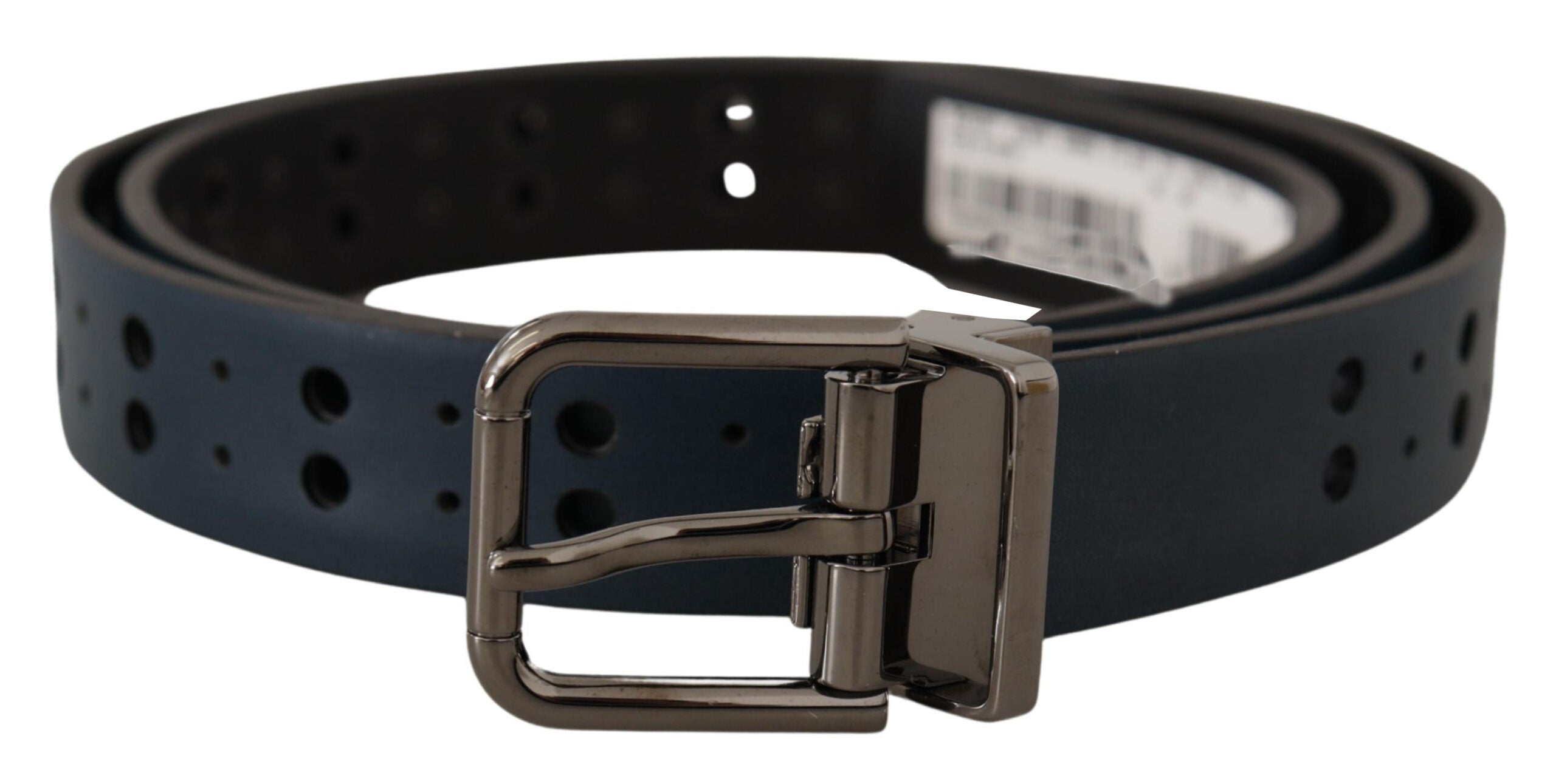 Blue perforated leather skinny belt with metal buckle by Dolce & Gabbana, stylish accessory with textured design and sleek fit.