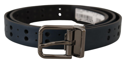 Blue perforated leather skinny belt with metal buckle by Dolce & Gabbana, stylish accessory with textured design and sleek fit.