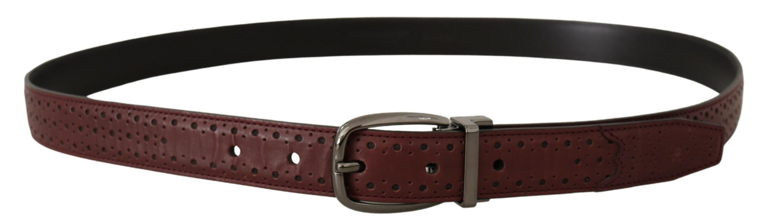 Brown perforated leather belt with metal buckle by Dolce & Gabbana, showcasing the textured leather and sleek design.