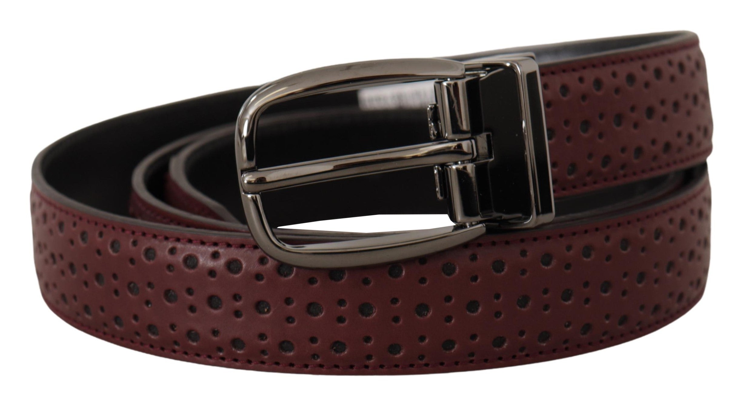 Brown perforated leather belt with a metal buckle from Dolce & Gabbana, shown with detailed close-up of the belt's texture and buckle.