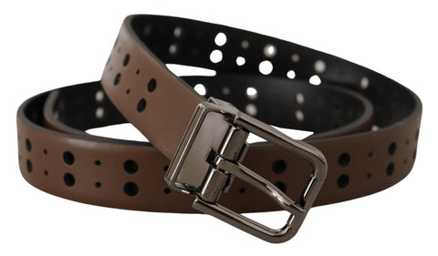 Dark brown perforated leather metal belt by Dolce & Gabbana, featuring a stylish design and silver buckle.