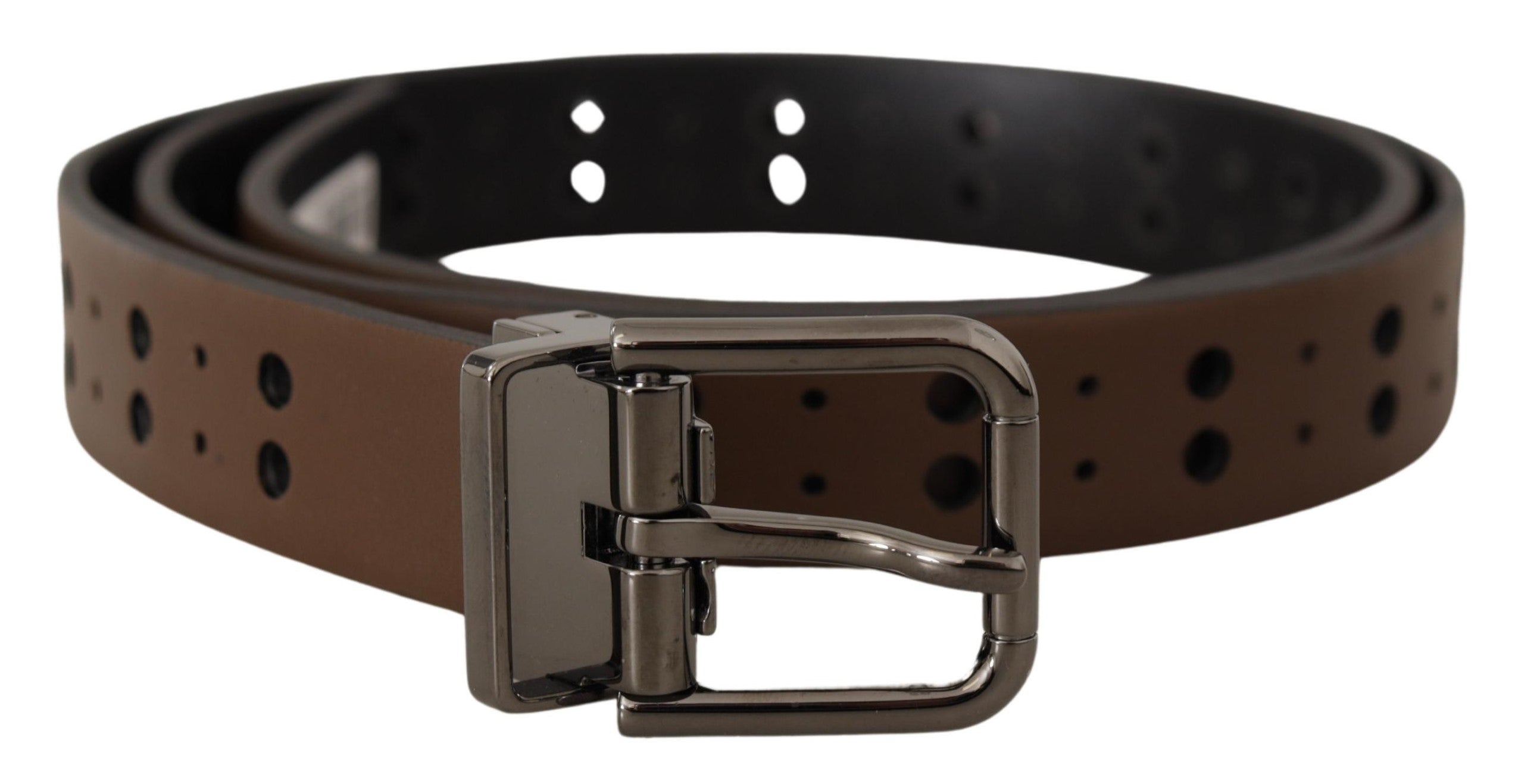 Dark brown perforated leather metal belt by Dolce & Gabbana, featuring a stylish design and metal buckle.