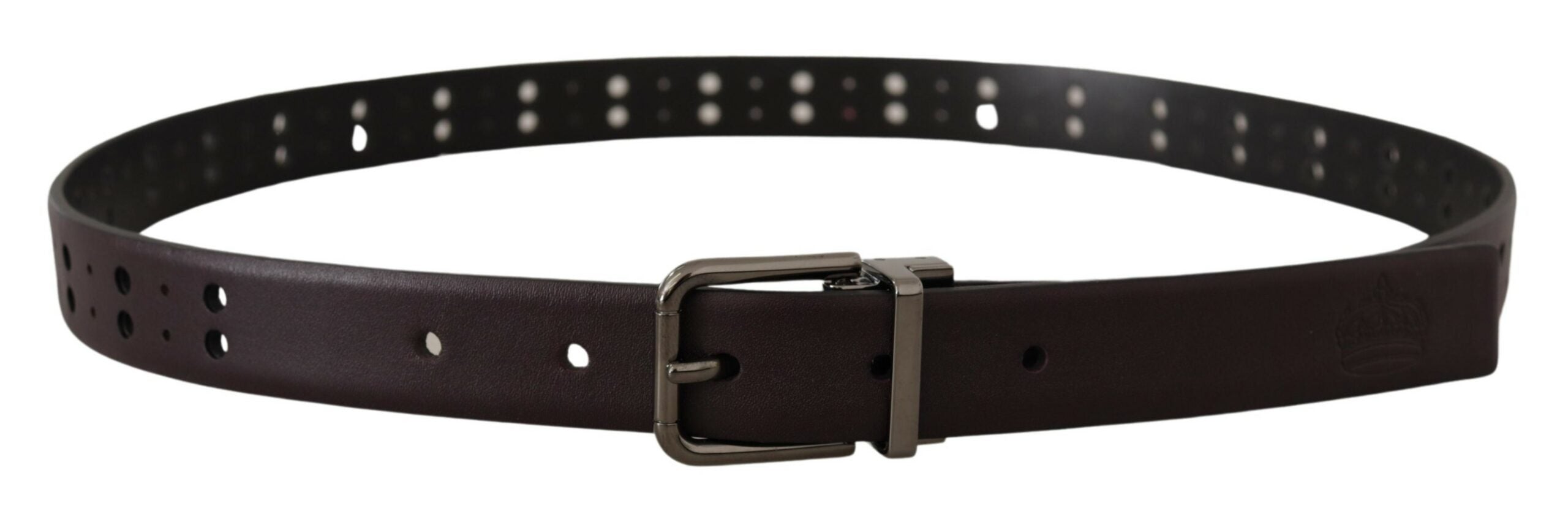 Burgundy leather belt with perforated design and metal buckle from Dolce & Gabbana, shown on a plain background.