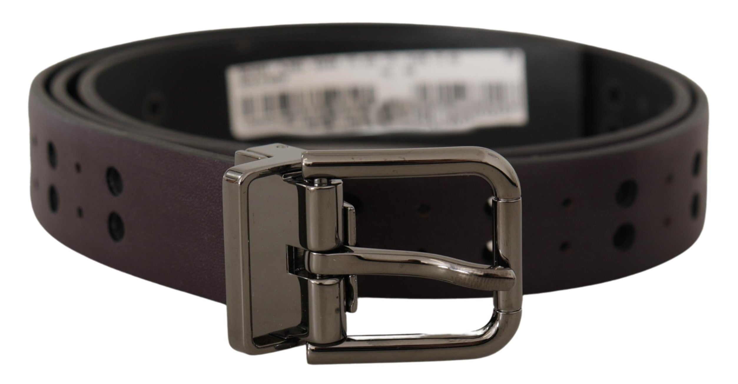 Burgundy leather belt with perforated design and metal buckle by Dolce & Gabbana, shown laid flat with detailed close-up.