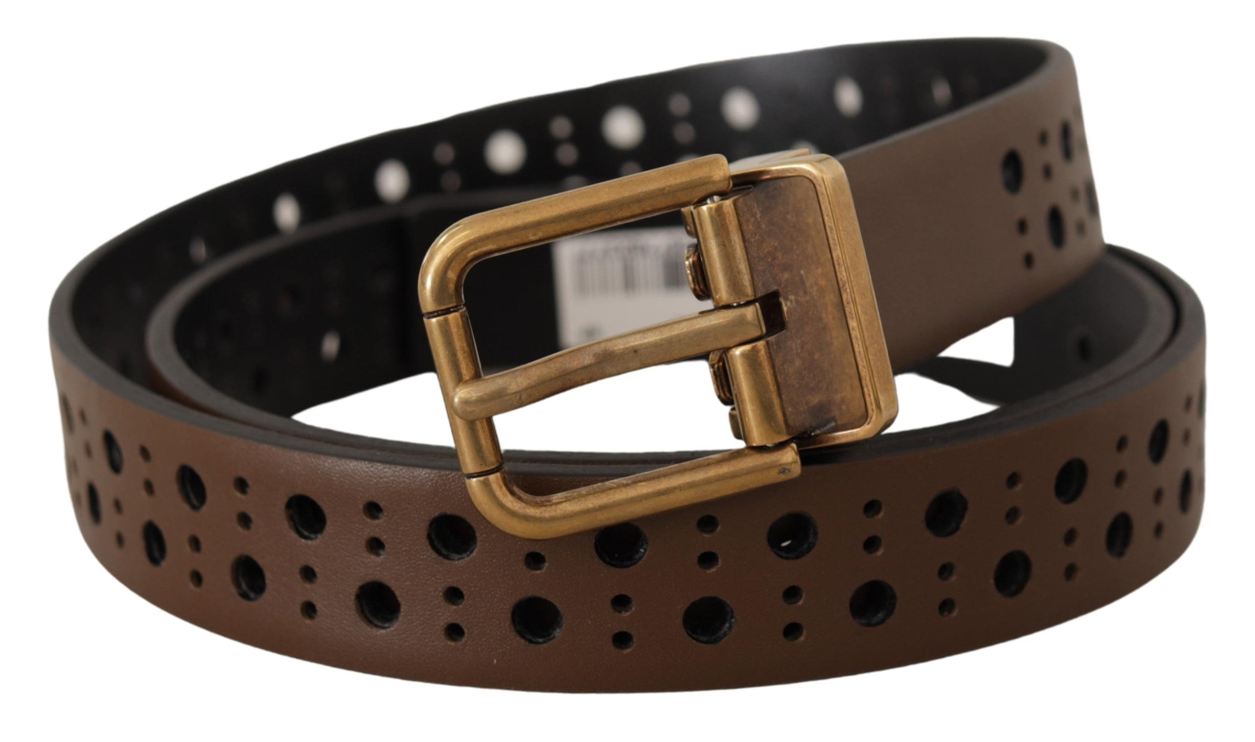 Brown leather perforated crown belt by Dolce & Gabbana with detailed perforation design and classic buckle.